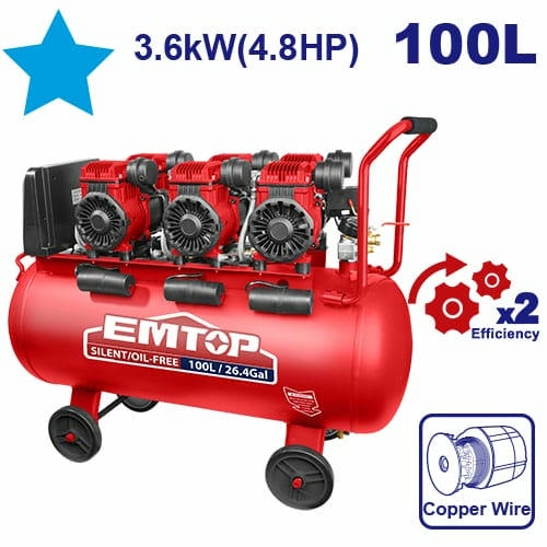 Կոմպրեսոր 100լ 3600Վտ անձայն և առանց յուղ  EMTOP EACPS48102