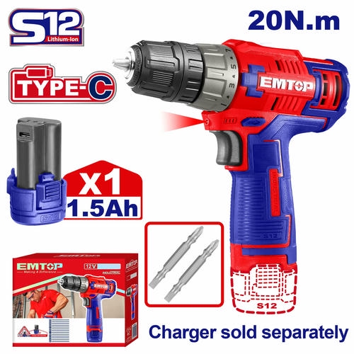 Cordless Drill-Driver 12W 20NM EMTOP ECDL12510