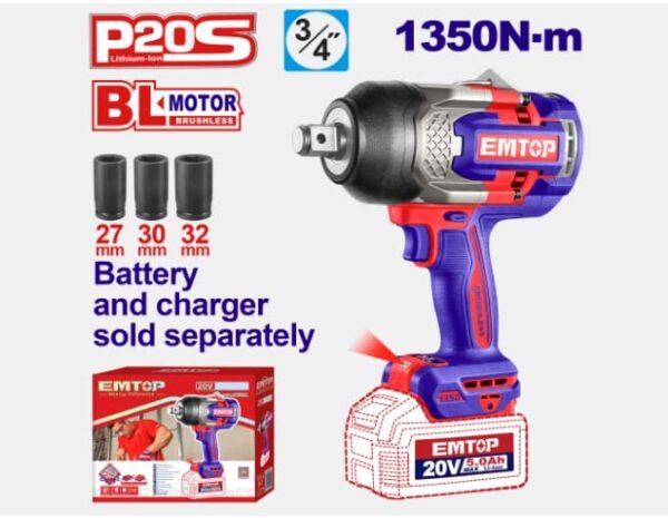 Հարվածային գայկավյորտ մարտկոցային 3/4 20Վ 1350Նմ EMTOP ECIWL201351