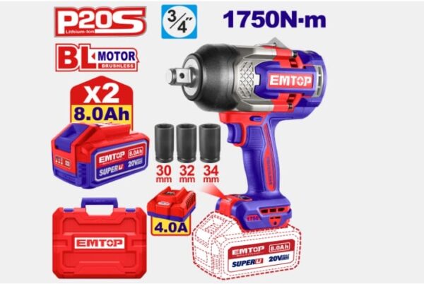 Аккумуляторный ударный гайковерт 3/4” 20В 1750Нм EMTOP ECIWL20175