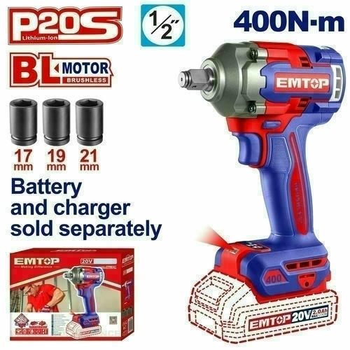 Հարվածային գայկավյորտ մարտկոցային 1/2 20Վ 400Նմ EMTOP ECIWL20401