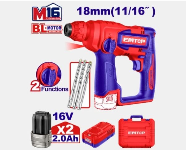 Cordless SDS Plus Rotary Hammer 16V 1.8J EMTOP ELRH16168