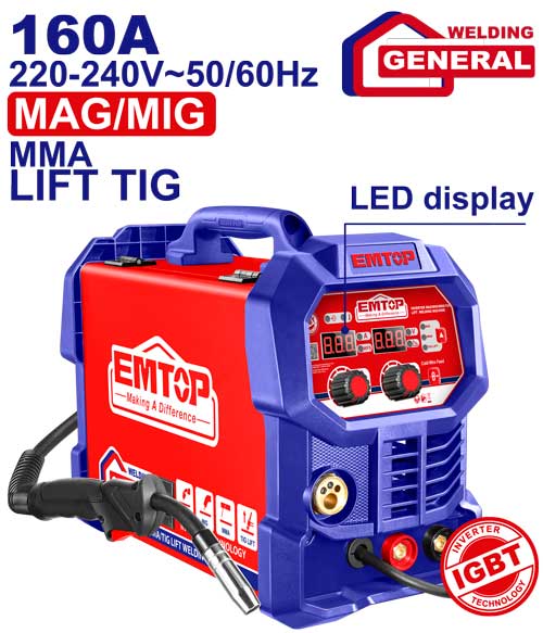 ինվերտորային եռակցման մեքենա MAG/MIG/MMA/TIG եռակցման համար 160Ա EMTOP EMGT1652